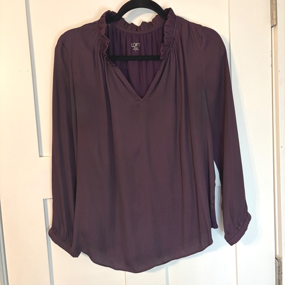 Loft Womens Rich Plum Long Sleeve Flowing Blouse V neck Ruffle Stand-up Collar